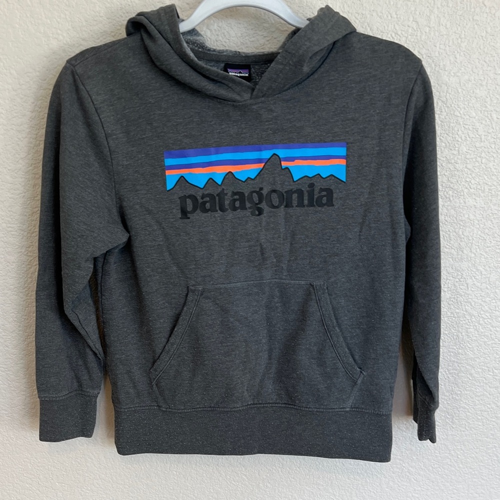 Patagonia Charcoal Hoodie with Vibrant Stripes